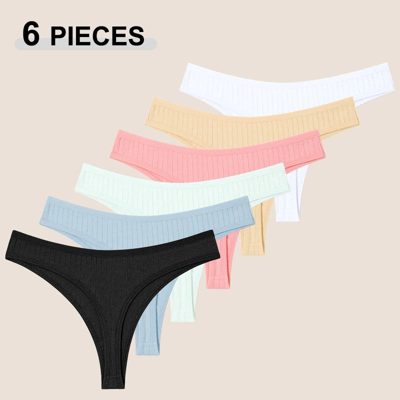 6Pcs/Set Women'S Cotton Fabric Thongs Panties Female Ribbed Low Rise G-String Ladies Sexy Bikini Solid Color Soft Intimates S-XL