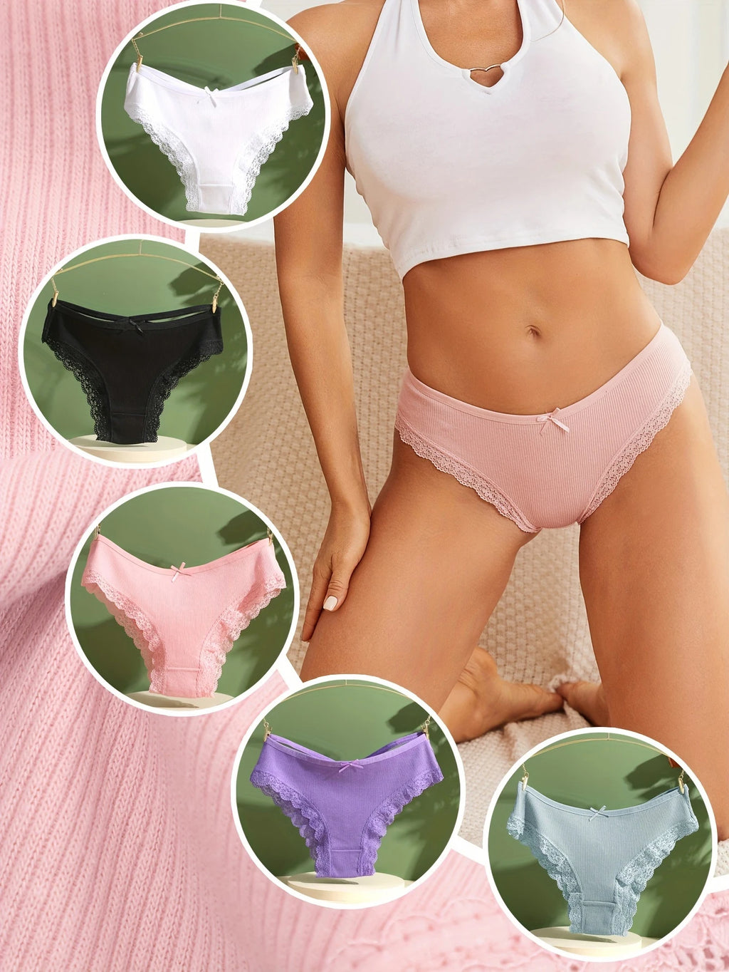 5PCS Women's Cotton Briefs Sexy Lace Underpant Hollow Brazilian Panties Comfortable Underwear Lingerie S-XL Solid Color Lingerie