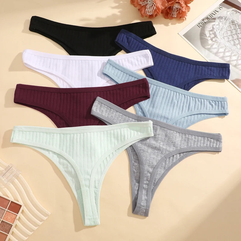 6Pcs/Set Women'S Cotton Fabric Thongs Panties Female Ribbed Low Rise G-String Ladies Sexy Bikini Solid Color Soft Intimates S-XL