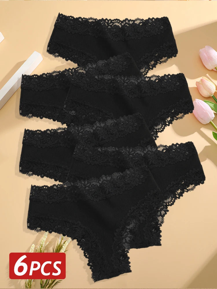 6PCS/Set Sexy Lace Cotton Panties Women Brazilian Panties Ladies Sexy Low Waist Elastic T-Back Bikini Solid Soft Lingerie S-XL