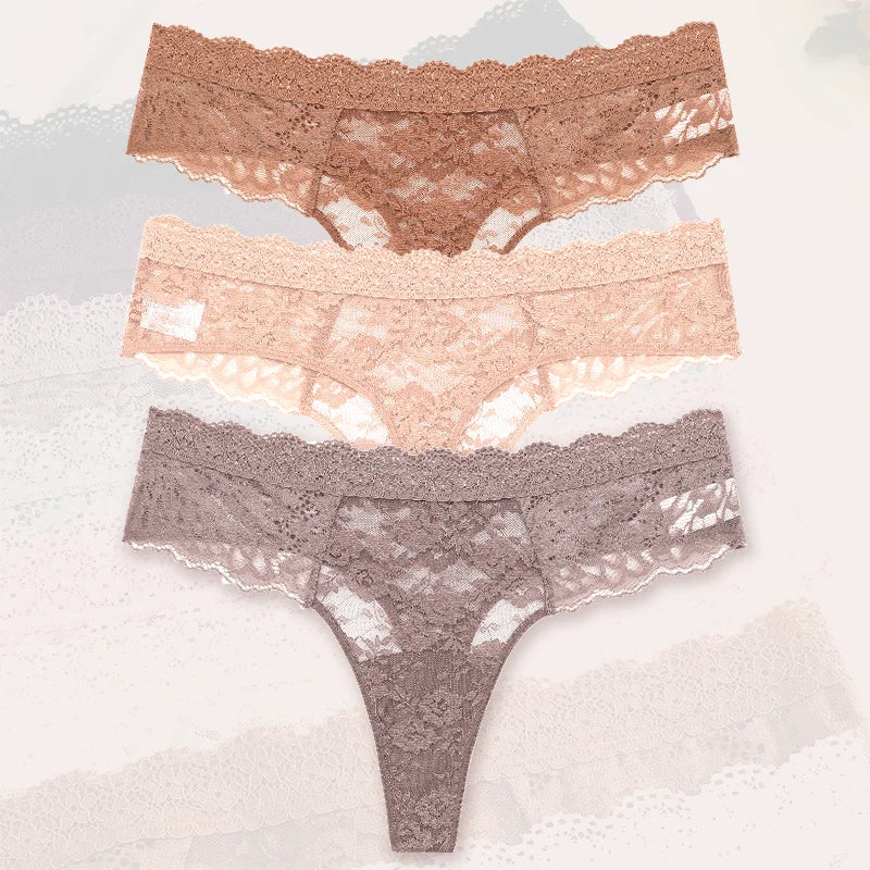 3Pcs Lace Sexy Thongs Women Low-Rise Briefs Sexy Soft Ladies Underwear Trendy Floral Underpants Female Flowery Panty Lingerie