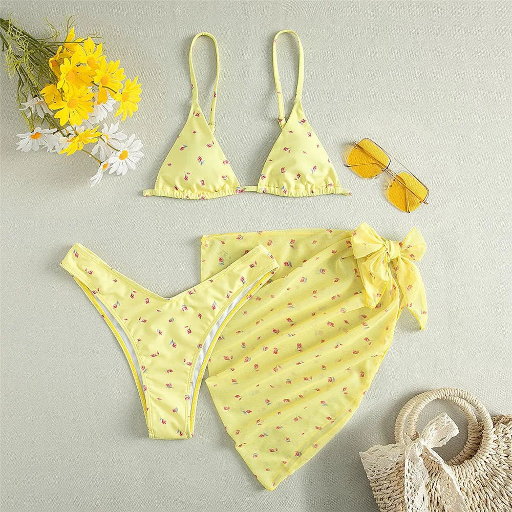 Yellow Floral Print Swimwear Mesh Cove Ups 3 Piece Bikini Set Damen Sexy Swimsuit Women 2026 Beach Wear Bikinis Swimming Wear