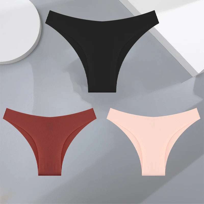 3Pcs Ultra-thin Seamless Silk Underwear Women's Panties Sexy Low-Waist Stretch Bikini Solid Color Briefs Lingerie XS-XXL Fashion
