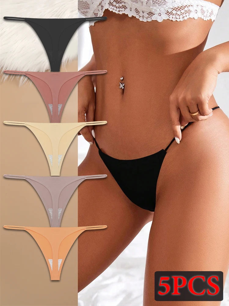 5PCS Seamless Underpants Women Ice Silk Thongs Sexy Low Waist Bikini T-back Female Solid Color Traceless G-String Panties XS-XL