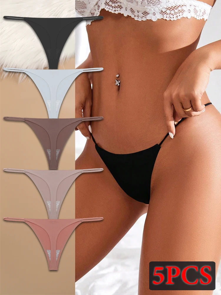 5PCS Seamless Underpants Women Ice Silk Thongs Sexy Low Waist Bikini T-back Female Solid Color Traceless G-String Panties XS-XL