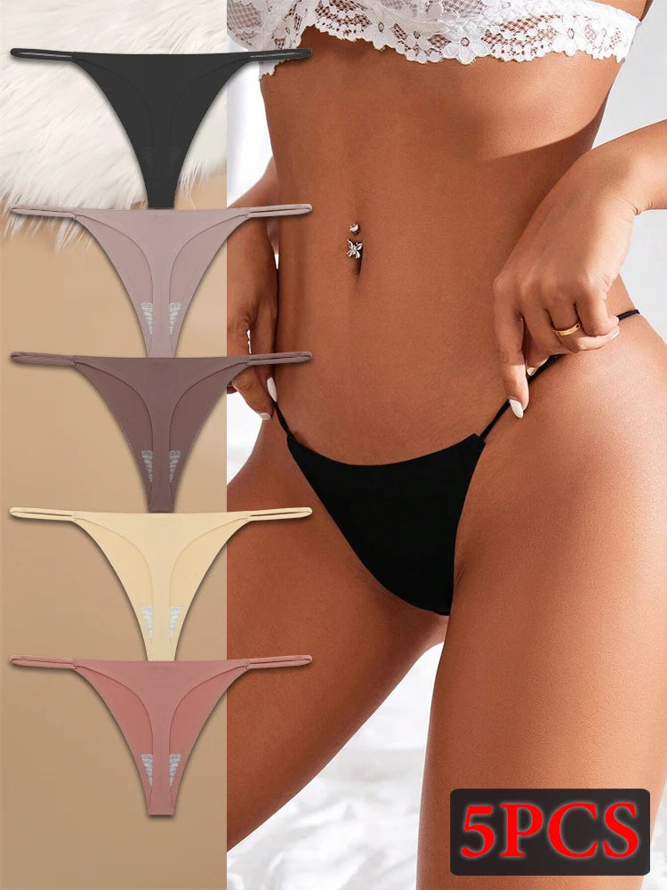 5PCS Seamless Underpants Women Ice Silk Thongs Sexy Low Waist Bikini T-back Female Solid Color Traceless G-String Panties XS-XL