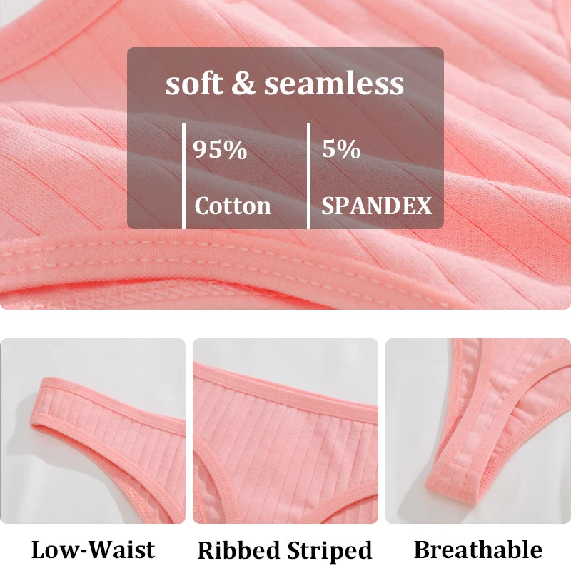 7PCS Women Cotton Striped Thongs Underwear Low Waist G-String Panties Sexy Breathable Solid Color T-Back Casual Bikini Lingerie