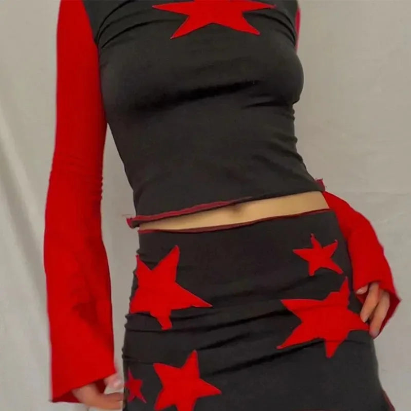 Y2K Spring New Spicy Girl Casual Long Sleeve Short Style Pentagram Printed Short Style Slimming T-shirt Women's Top