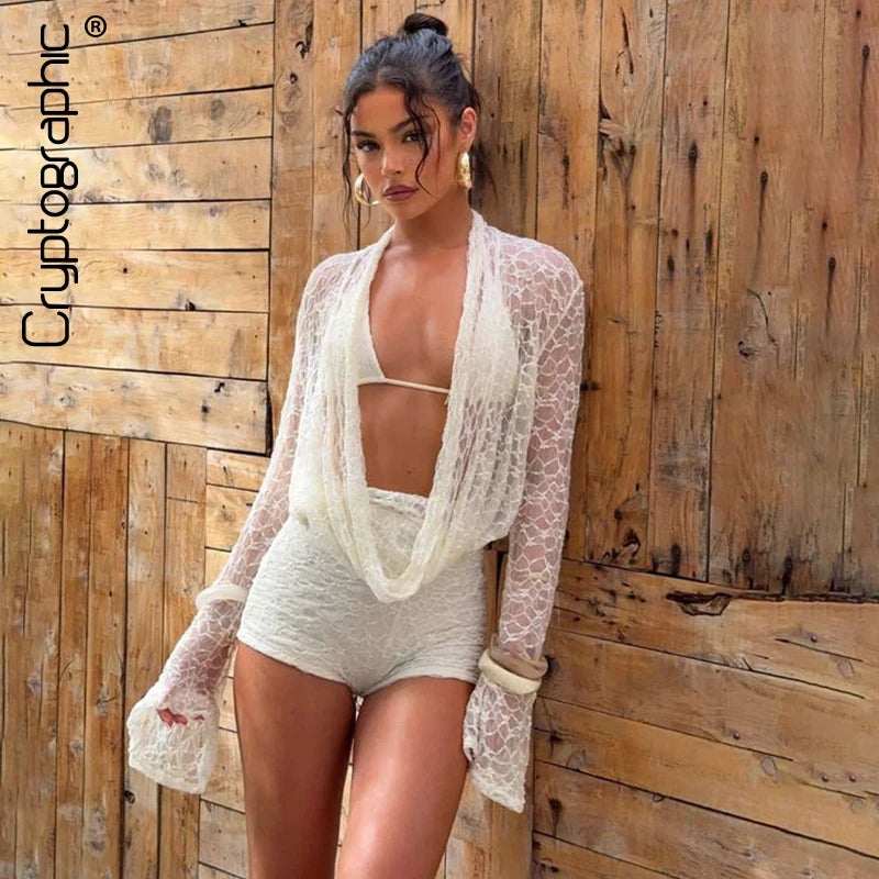 Cryptographic 3 Piece Beach Set - Halter Bikini, Shorts & Long Sleeve Cover Up