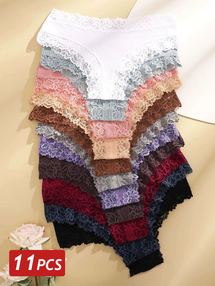 11PCS Women Lace Cotton Panties Seamless Brazilian Panties Sexy Low-Waist T-Back Bikini Female Breathable Underwear Lingerie