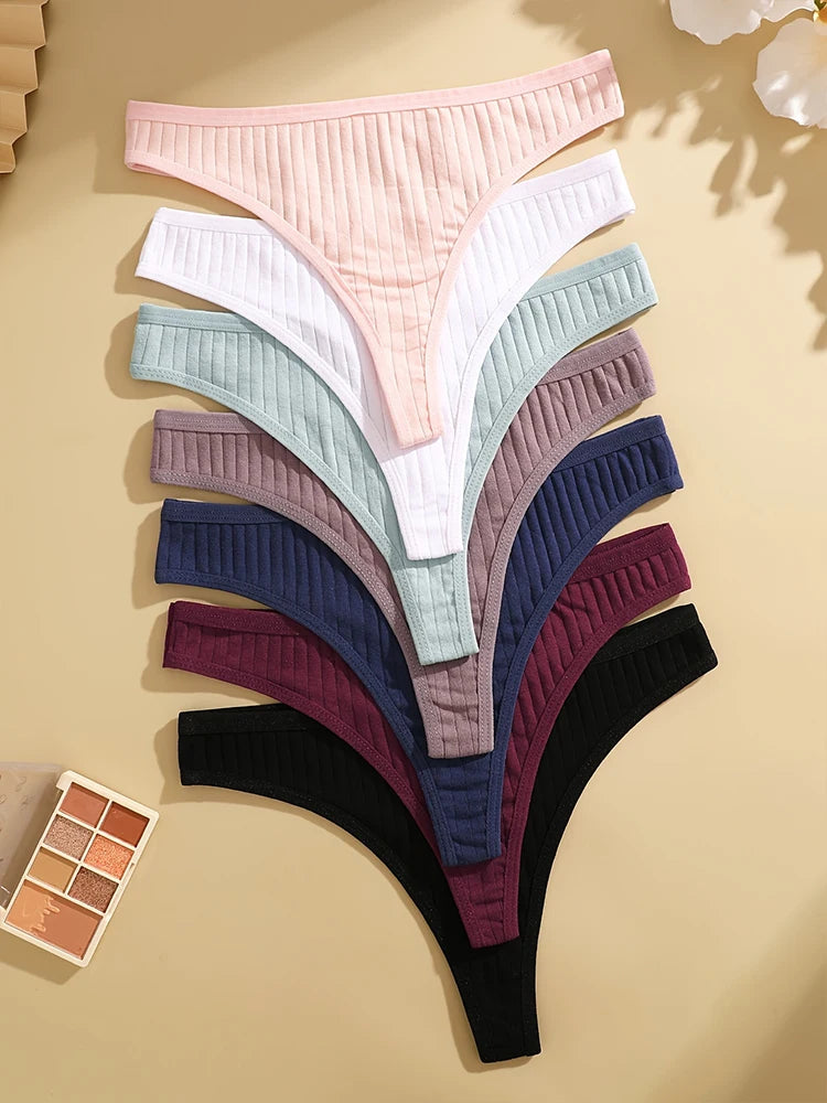 7PCS Women Sexy Cotton G-String Panties Solid Color Ribbed Soft Thongs Female Low Waist Underpants Ladies Sexy Bikini Lingerie
