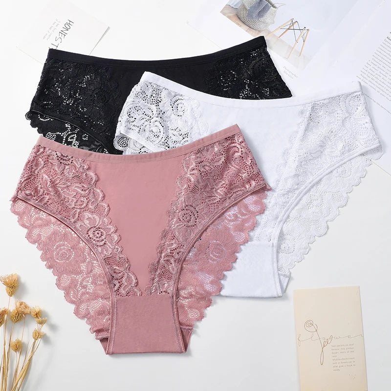 5PCS/Set Lace Cotton Patchwork Bikini Panties Women Briefs Solid Color Sexy Floral Hollow Women Briefs Female Underwear Lingerie