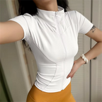 Veste de sport décontractée et ajustée pour femme, manches courtes, fermeture éclair, haut uni, tenue de cyclisme, course à pied et yoga, vêtements d'été