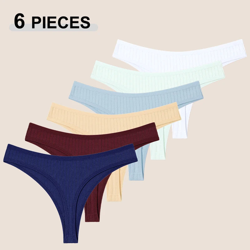 6Pcs/Set Women'S Cotton Fabric Thongs Panties Female Ribbed Low Rise G-String Ladies Sexy Bikini Solid Color Soft Intimates S-XL