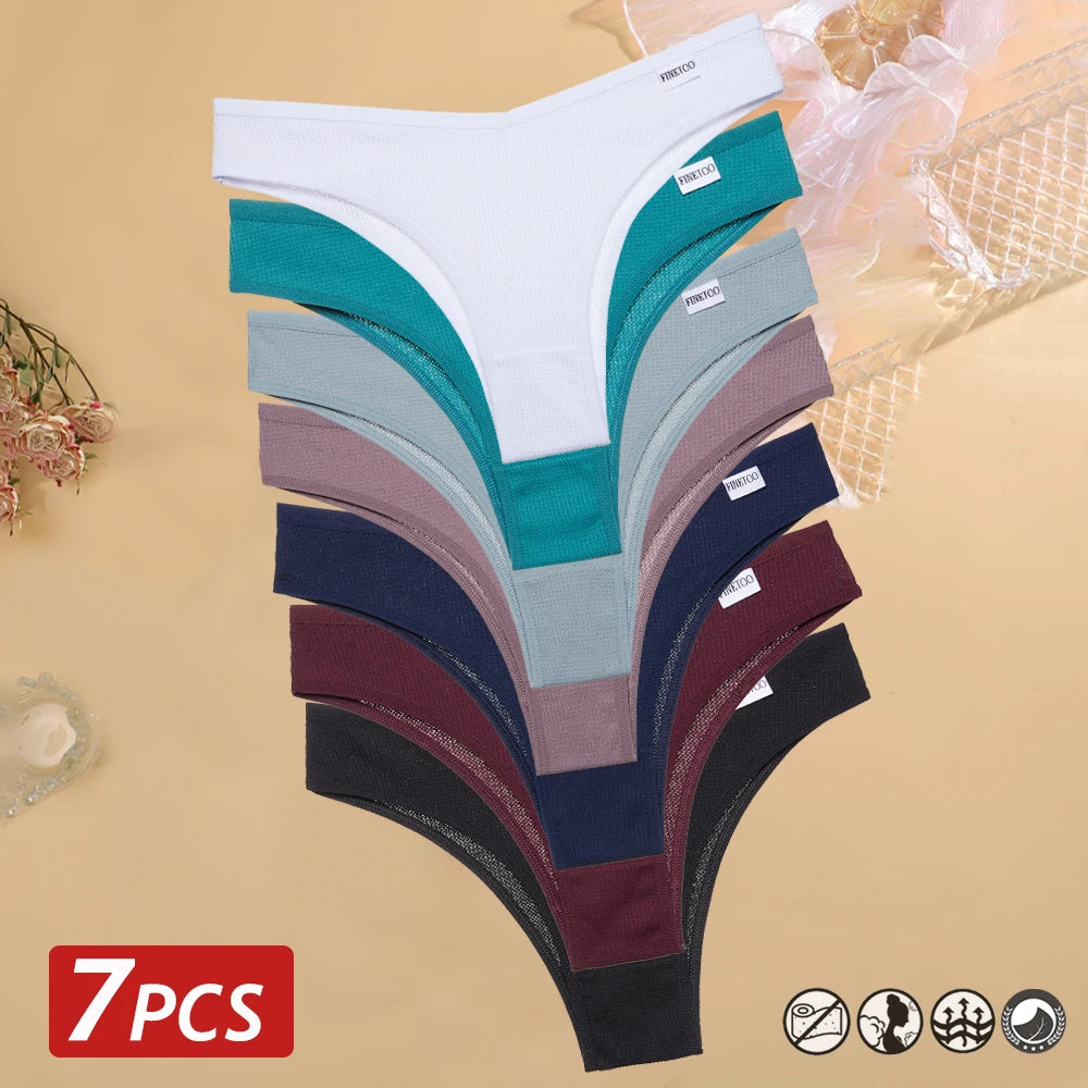 7PCS/Set Women's Waffle Cotton Panties Sexy V Waist Brazilian Panties Female Breathable Soft Underwear Solid Stretch Lingerie