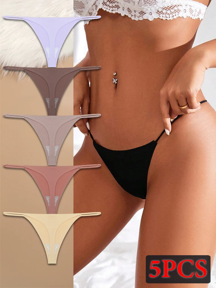 5PCS Seamless Underpants Women Ice Silk Thongs Sexy Low Waist Bikini T-back Female Solid Color Traceless G-String Panties XS-XL