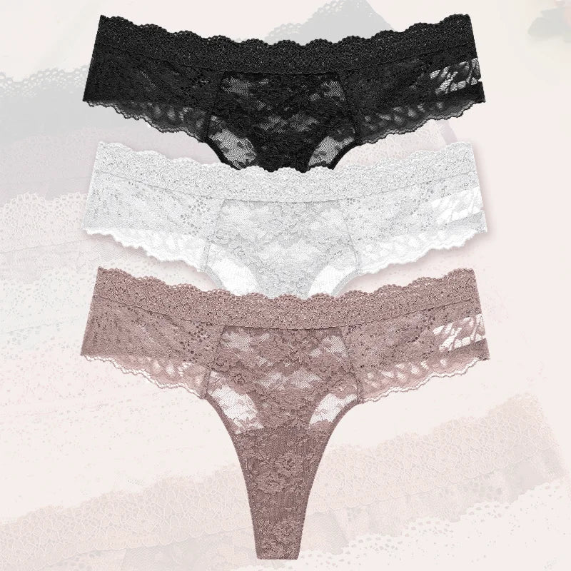 3Pcs Women Lace Sexy Thongs Low-Rise Briefs Sexy Soft Ladies Underwear Trendy Floral Underpants Female Flowery Panty Lingerie