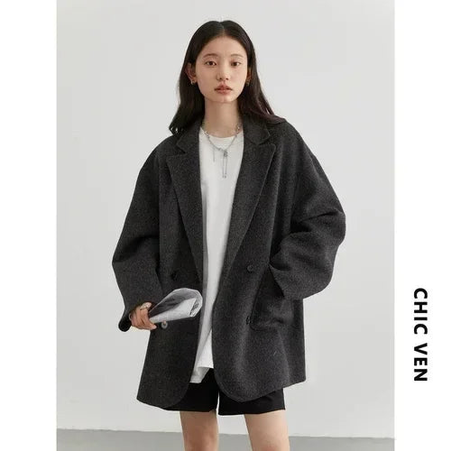 CHIC VEN Women's Woolen Coats Loose Casual Double Breasted Retro Double-sided Jacket Office Lady Outerwear Autumn Winter 2026