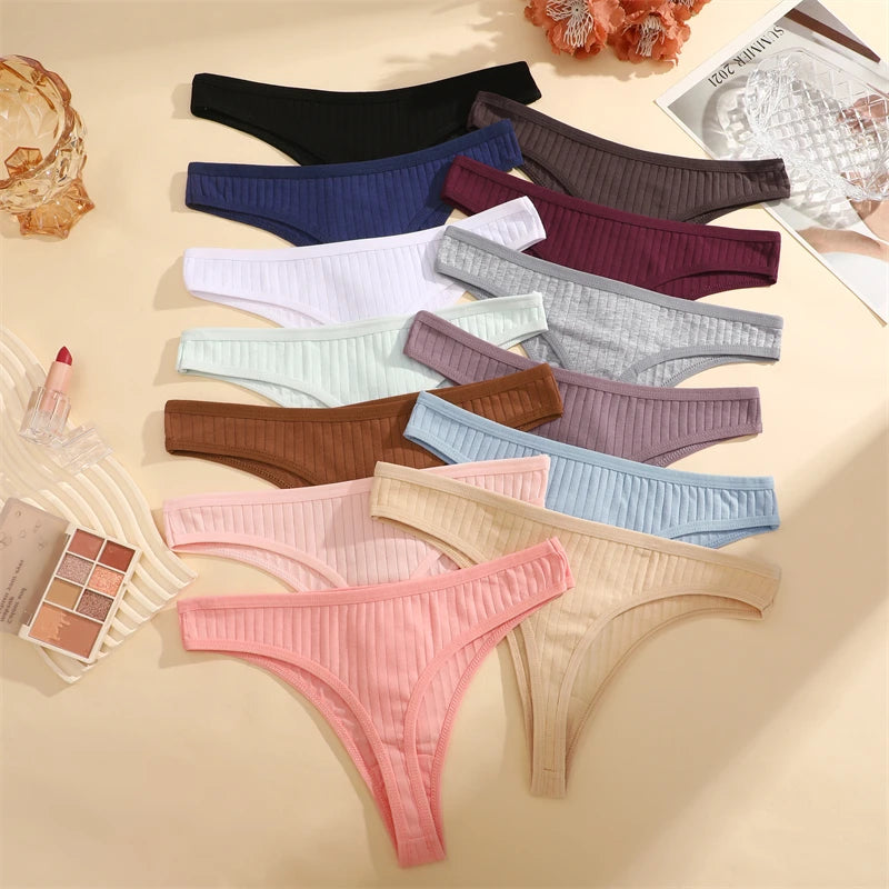 7PCS Women Cotton Striped Thongs Underwear Low Waist G-String Panties Sexy Breathable Solid Color T-Back Casual Bikini Lingerie