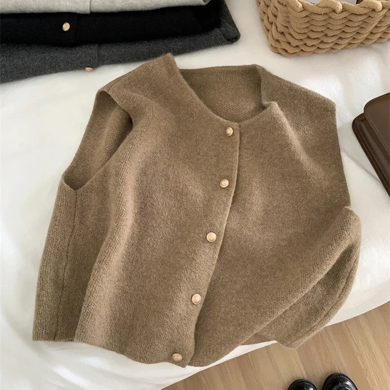 Gilet sans manches à boutons dorés pour femme, en maille douce, style cardigan, idéal pour l'automne et l'hiver, tenue chic coréenne.