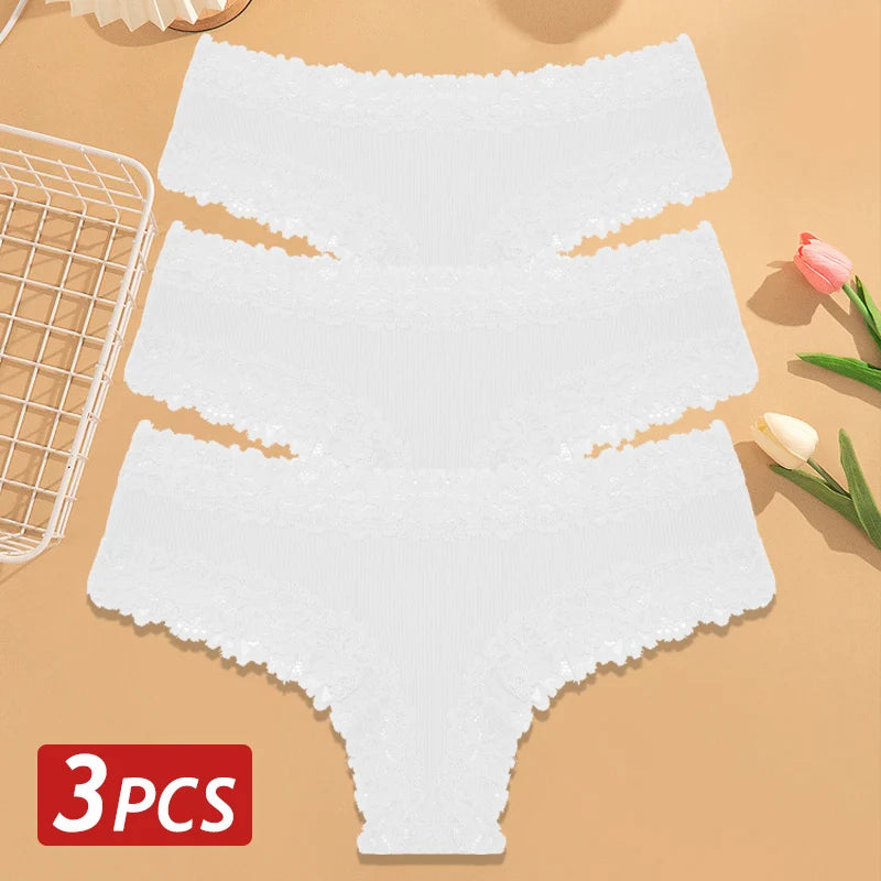 3PCS/Set Women Cotton Panties Floral Lace Brazilian Panties Sexy Low Waist Lingerie Female Soft Underwear Solid T-Back Bikini