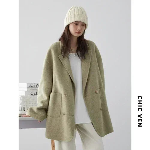 CHIC VEN Women's Woolen Coats Loose Casual Double Breasted Retro Double-sided Jacket Office Lady Outerwear Autumn Winter 2026