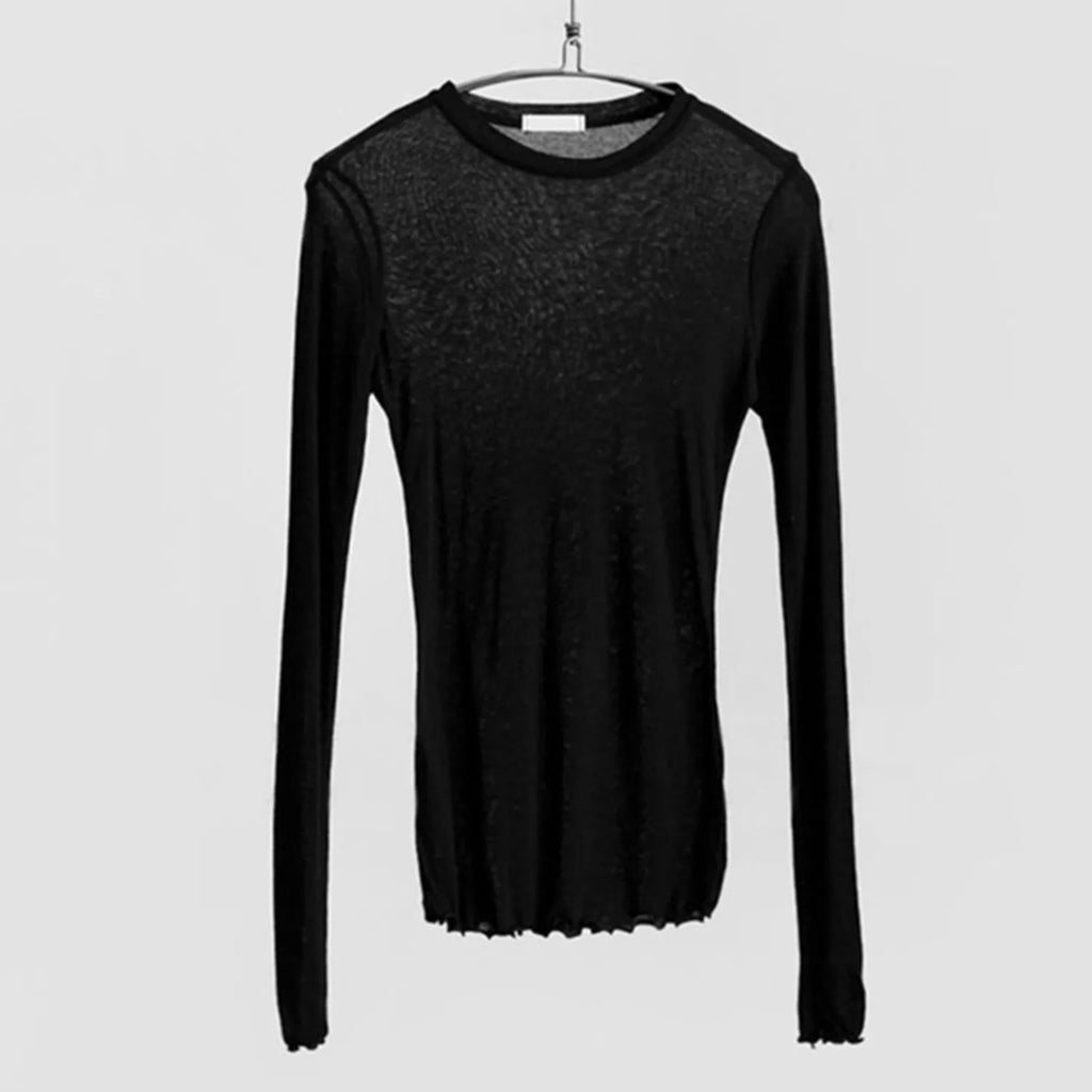 Sexy Thin See Through T Shirt Women Plain Elastic Basic Long Sleeve Casual Tops Female Slim Fit Daily Party Nightwear