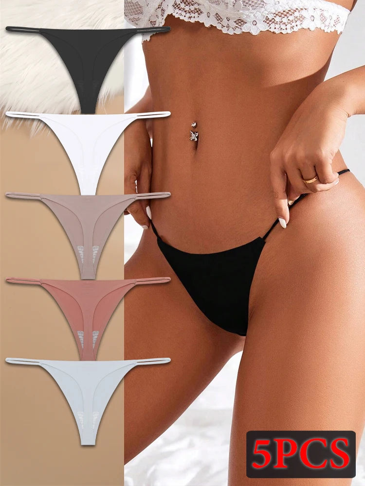 5PCS Seamless Underpants Women Ice Silk Thongs Sexy Low Waist Bikini T-back Female Solid Color Traceless G-String Panties XS-XL
