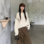 Irregular Spliced Pullover Sweater Women Street Contrast Color Loose O-Neck Knitted Sweaters Autumn Stylish Long Sleeve Knitwear