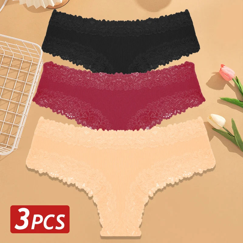 3PCS/Set Women Cotton Panties Floral Lace Brazilian Panties Sexy Low Waist Lingerie Female Soft Underwear Solid T-Back Bikini