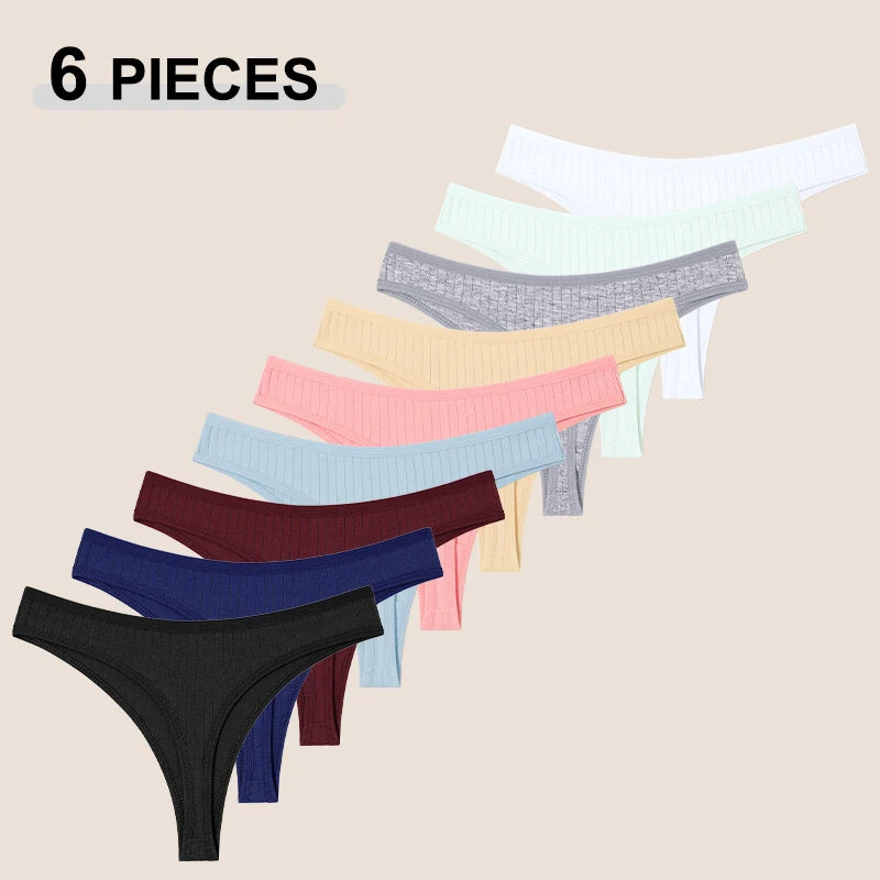 6Pcs/Set Women'S Cotton Fabric Thongs Panties Female Ribbed Low Rise G-String Ladies Sexy Bikini Solid Color Soft Intimates S-XL