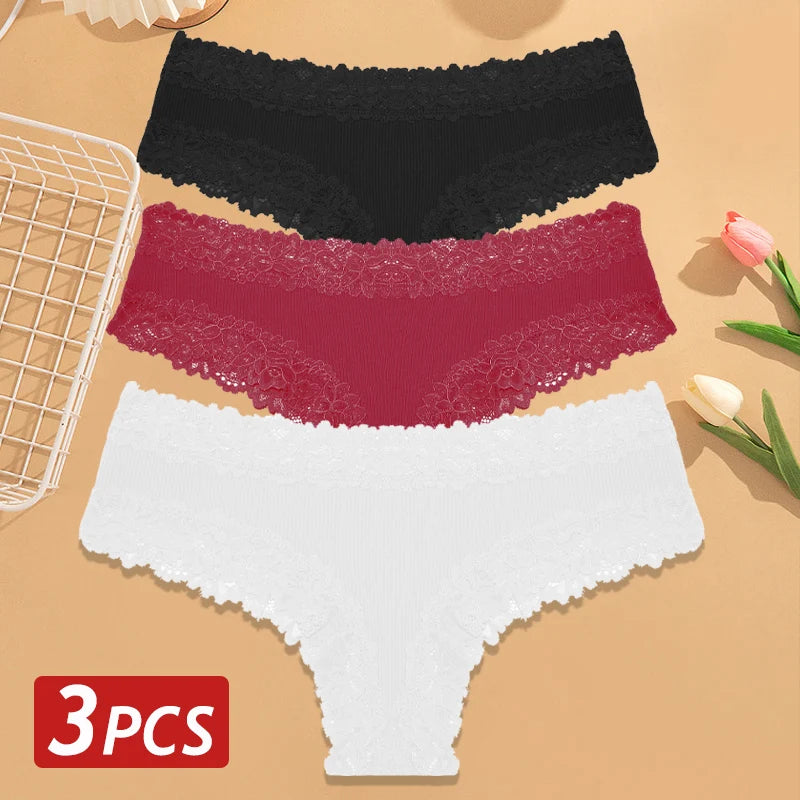 3PCS/Set Women Cotton Panties Floral Lace Brazilian Panties Sexy Low Waist Lingerie Female Soft Underwear Solid T-Back Bikini