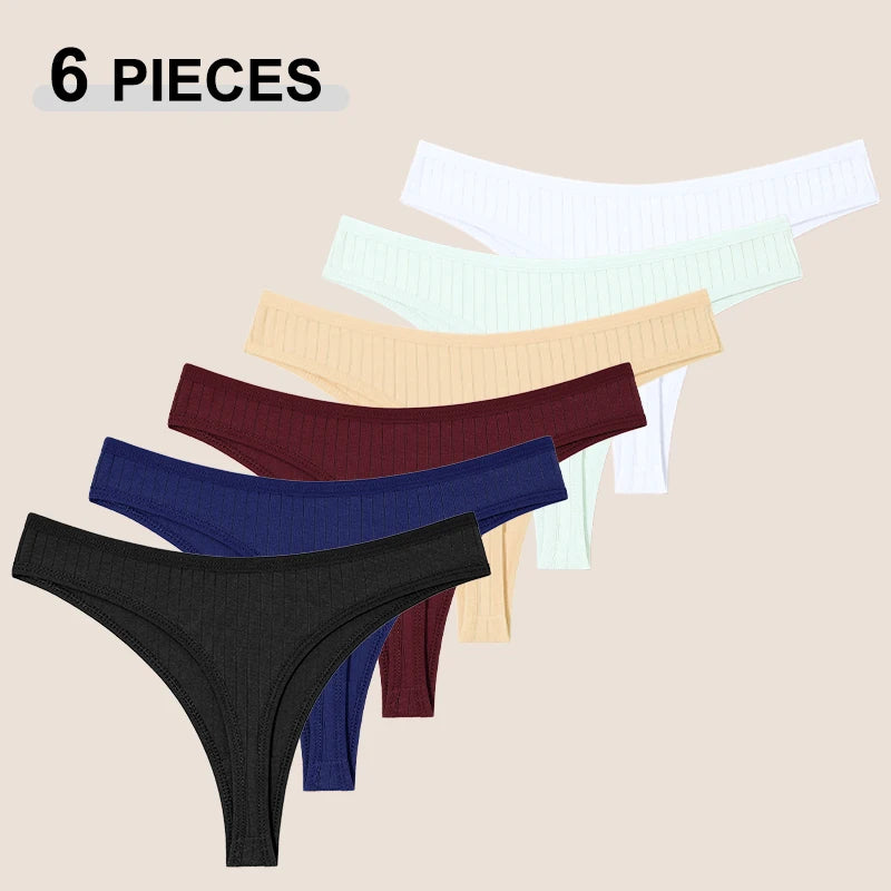6Pcs/Set Women'S Cotton Fabric Thongs Panties Female Ribbed Low Rise G-String Ladies Sexy Bikini Solid Color Soft Intimates S-XL