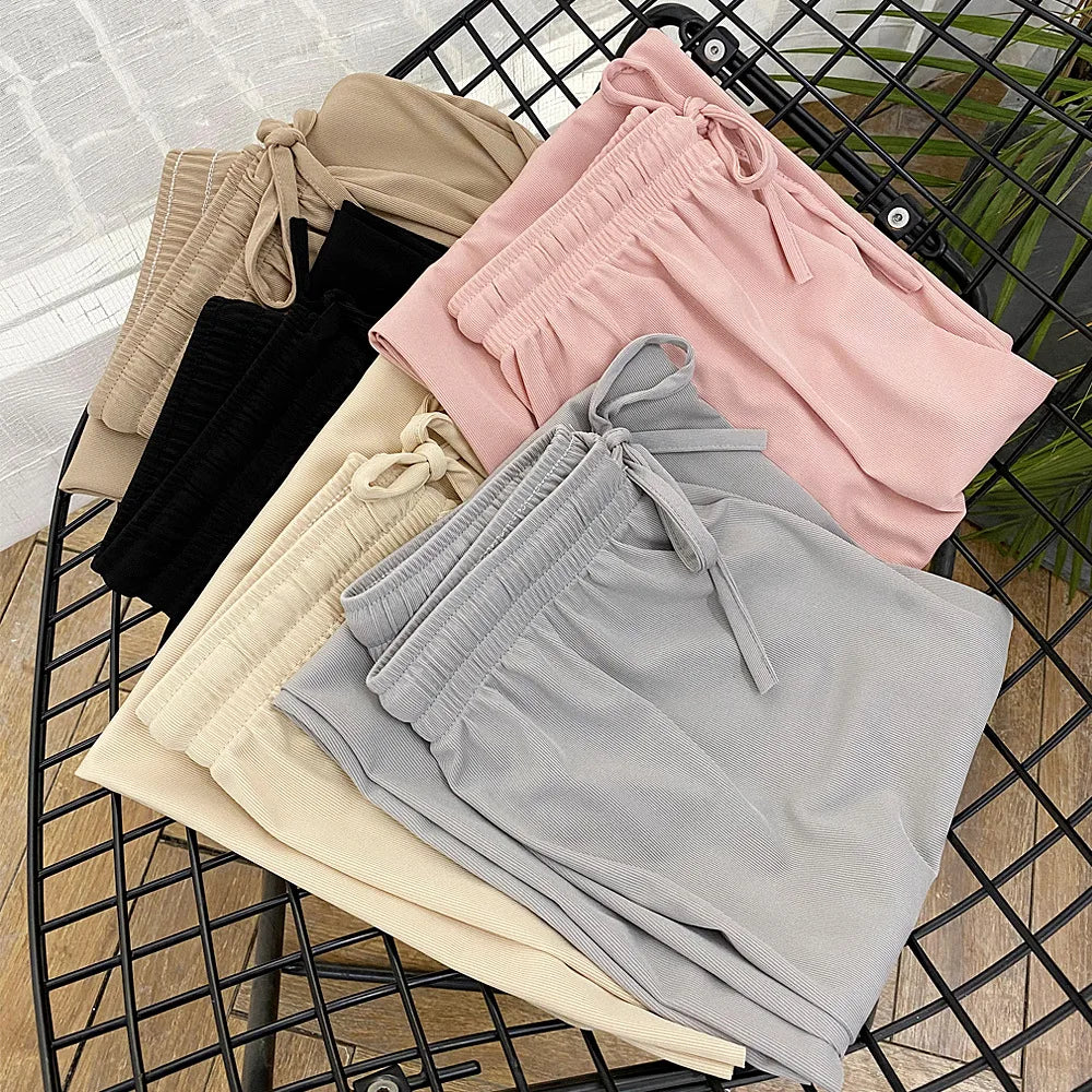 Pantalones anchos hasta los tobillos para mujer, informales, de verano, con cintura elástica, holgados, de seda helada, para primavera y verano 