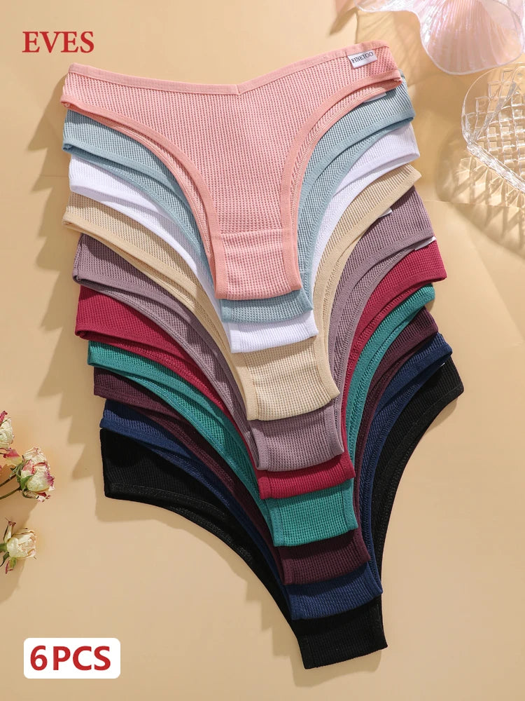 6PCS/Set Cotton Waffle Underwear for Women Sexy Low-Waist Brazilian Panties Female Breathable Solid Color Soft Lingerie Bikini