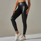 Pantalon moulant taille haute en similicuir sexy, idéal pour l'automne et l'hiver, avec leggings intégrés.
