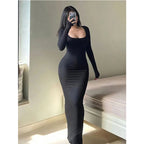 Women's Solid Long Sleeve Bodycon Dress, Chic Basic Minimalist Causual Fashion Scoop Neck Long Dress, Womenswear