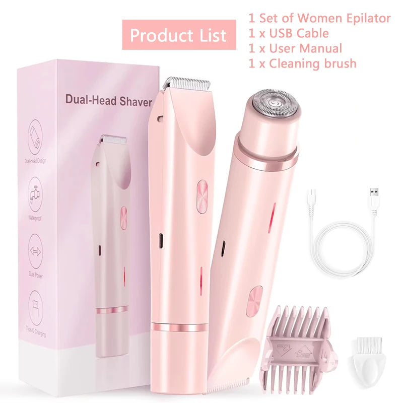 2 in 1 Women Dual-Head Painless Electric Razors Bikini Trimmer Wet Dry Use for Ladies Pubic Hair Detachable Head Electric Shaver