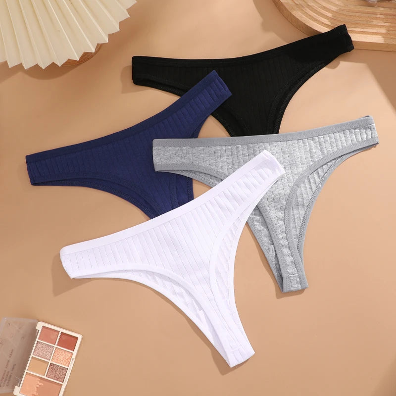 6Pcs/Set Women'S Cotton Fabric Thongs Panties Female Ribbed Low Rise G-String Ladies Sexy Bikini Solid Color Soft Intimates S-XL