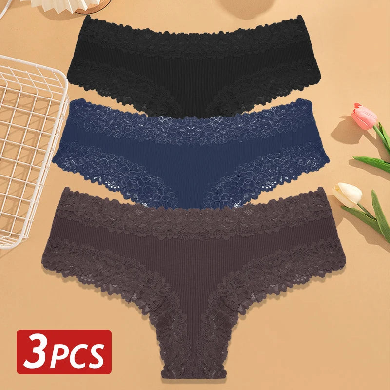 3PCS/Set Women Cotton Panties Floral Lace Brazilian Panties Sexy Low Waist Lingerie Female Soft Underwear Solid T-Back Bikini