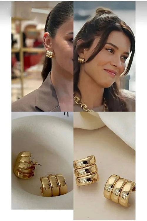 Premium Three Row Steel Rounded Earrings for Women Elegant Daily